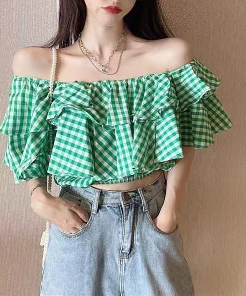 

Gossip！ロサンゼルス Футболка короткая в клетку с открытыми плечами Gossip Los Angeles, зеленый