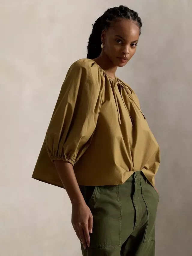 Футболка-поло с завязками на шее, свободного кроя, коричневая Ralph Lauren