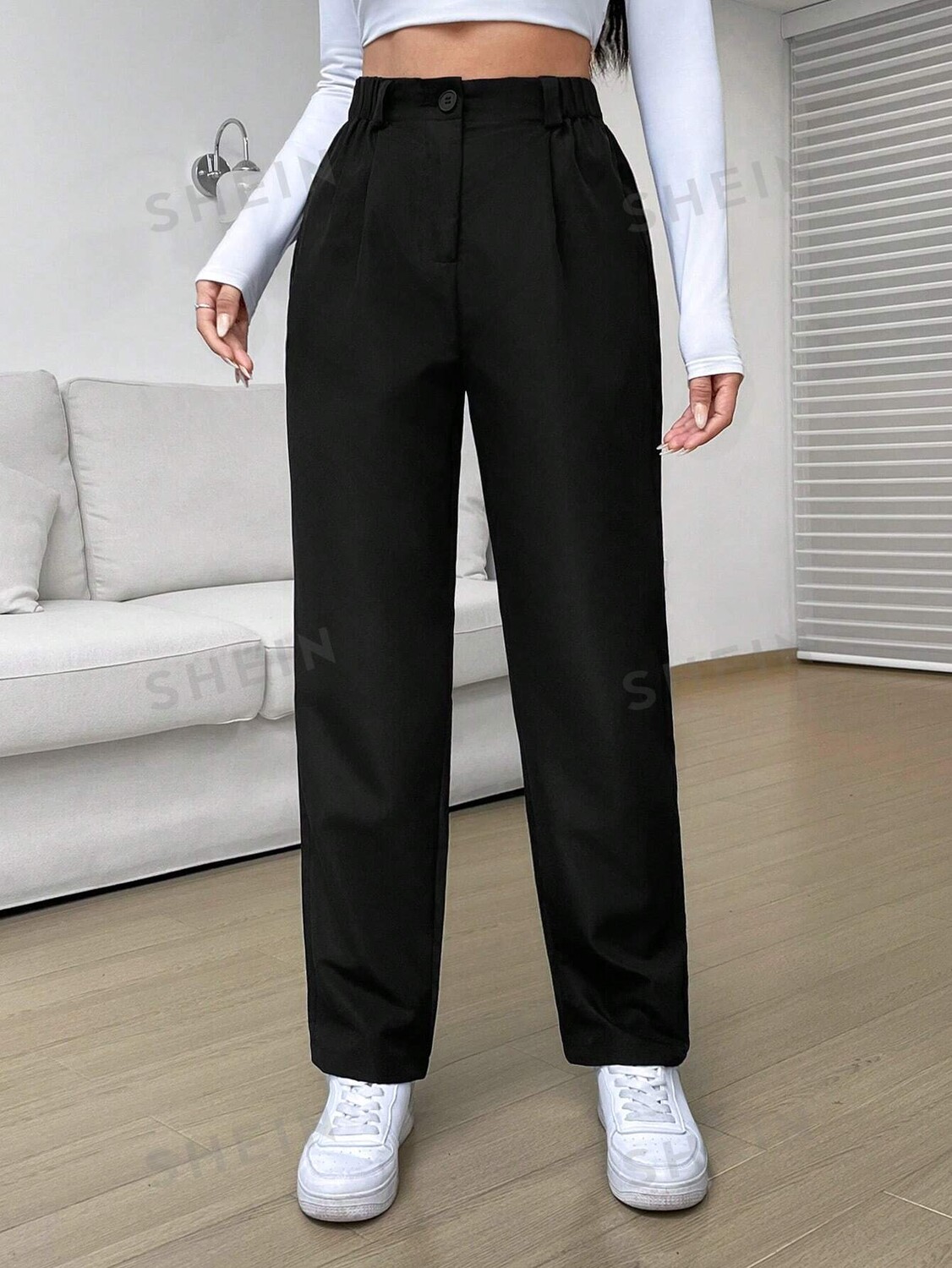 

Прямые брюки с завышенной талией EZwear, черные Shein, черный