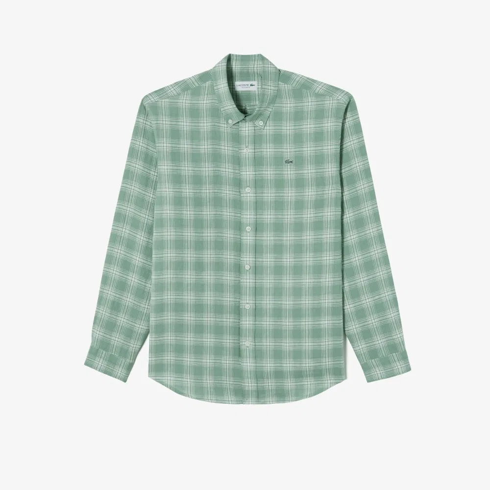 Мужская льняная рубашка в крупную клетку зелёного цвета от Lacoste