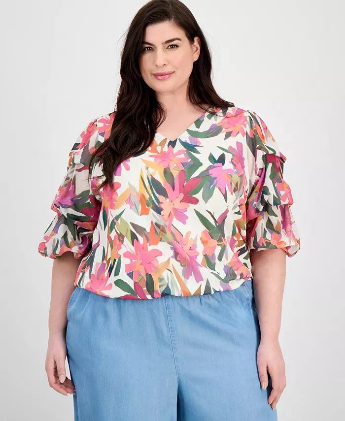 

Блузка с V-образным вырезом и объемными рукавами, принтованная, plus size Vince Camuto, мультиколор