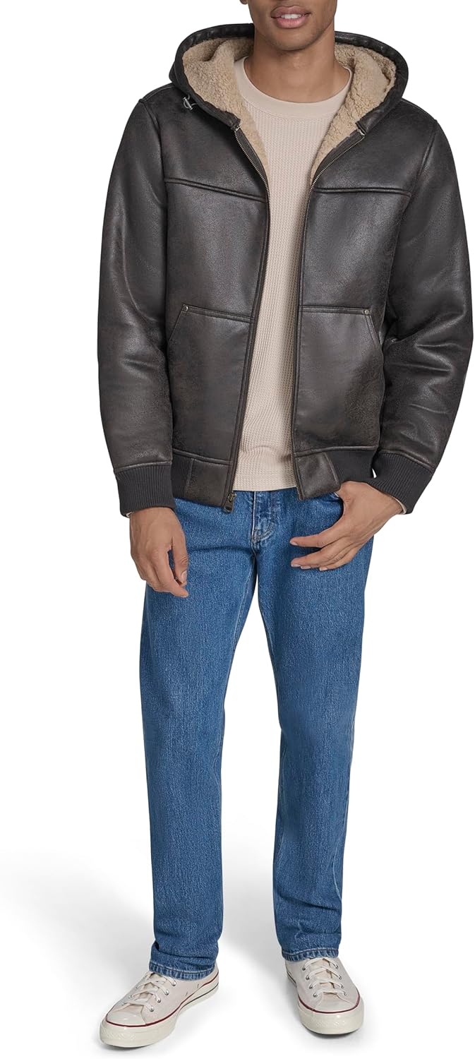 Мужская куртка-бомбер Levi's из искусственной кожи с капюшоном и отделкой из коровьей кожи, Mole Brown Faux Shearling — фото 2