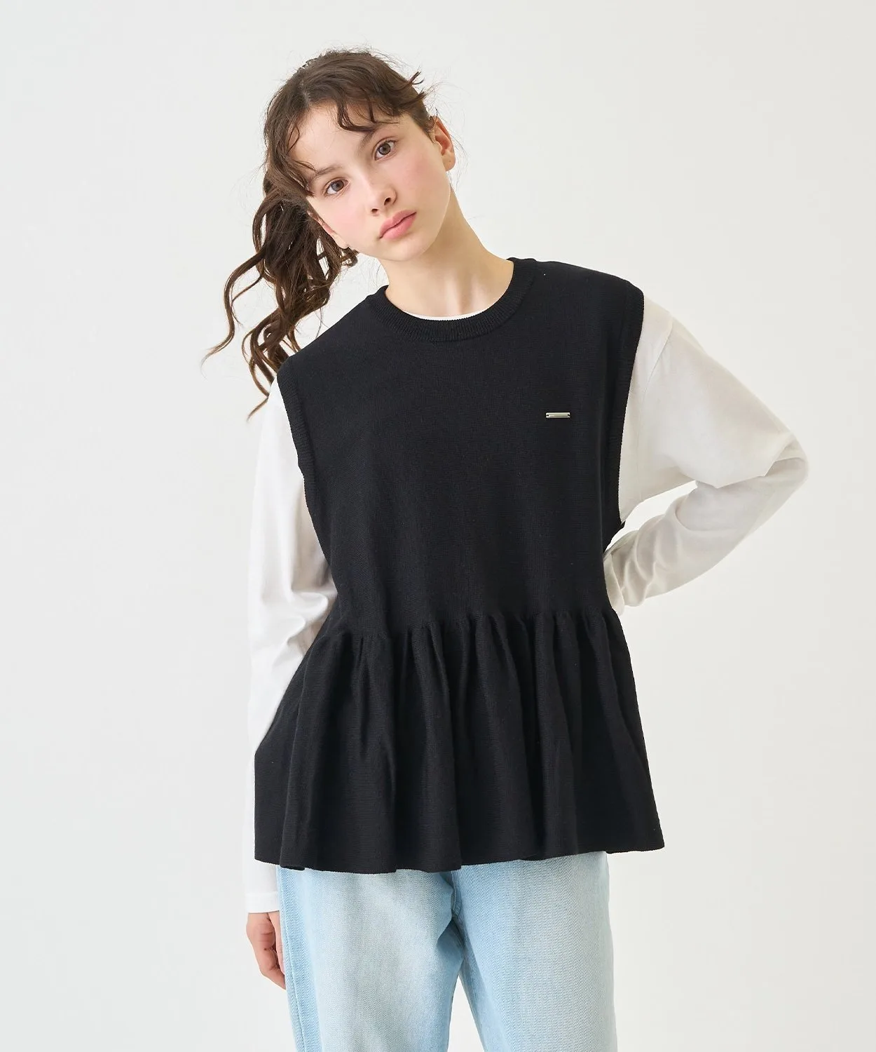 Комплект из вязаного жилета с баской и футболки Pom ponette junior, Black