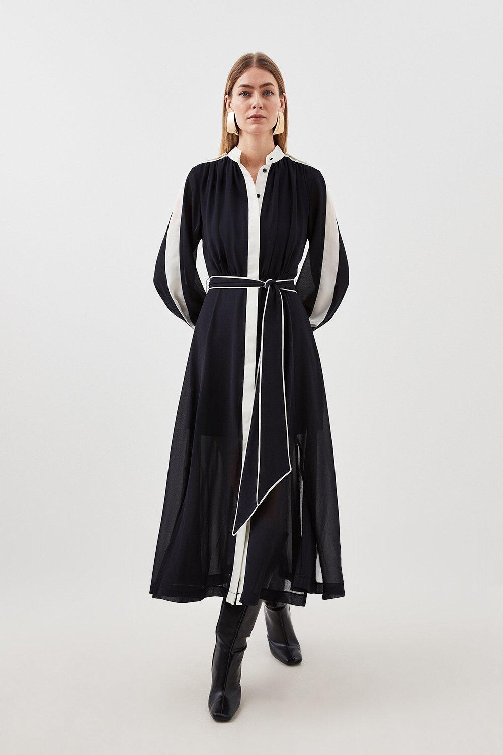 

Тканое платье миди в стиле милитари с поясом и поясом Karen Millen, черный