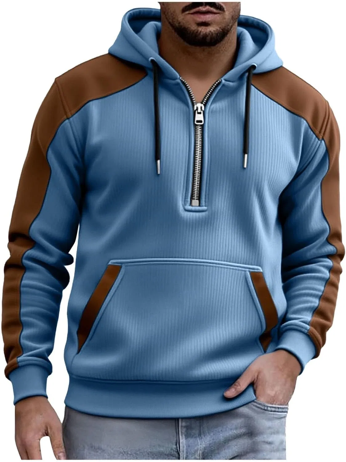 Мужская худи с воротником-стойкой и контрастным шнурком, Light Blue — фото 4