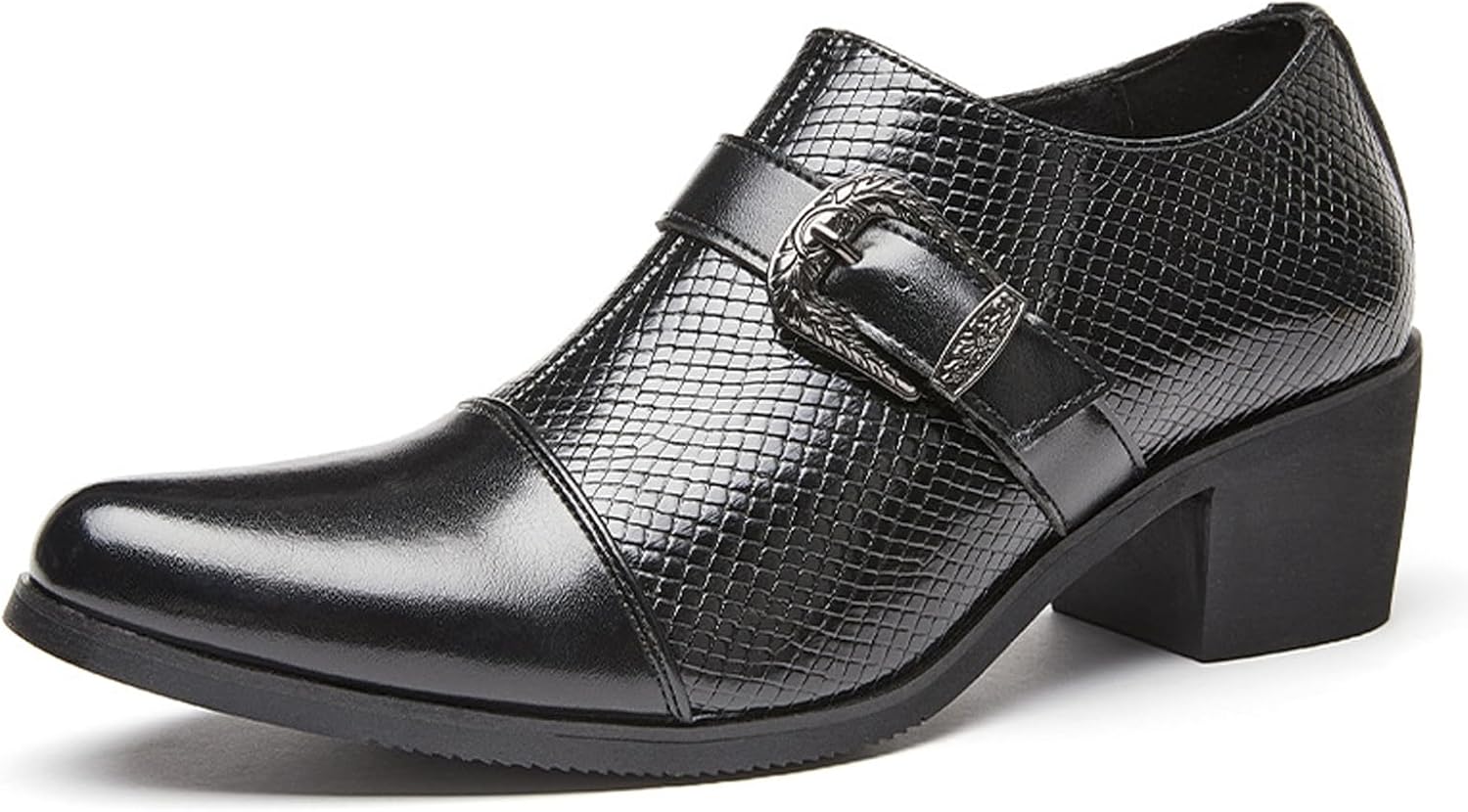 

Мужские кожаные винтажные лоферы с монками на высоком каблуке и боковой молнией, классический заостренный носок, текстурированный массивный каблук, туфли для свадеб, бизнеса и вечерних мероприятий Fifilapin, черный