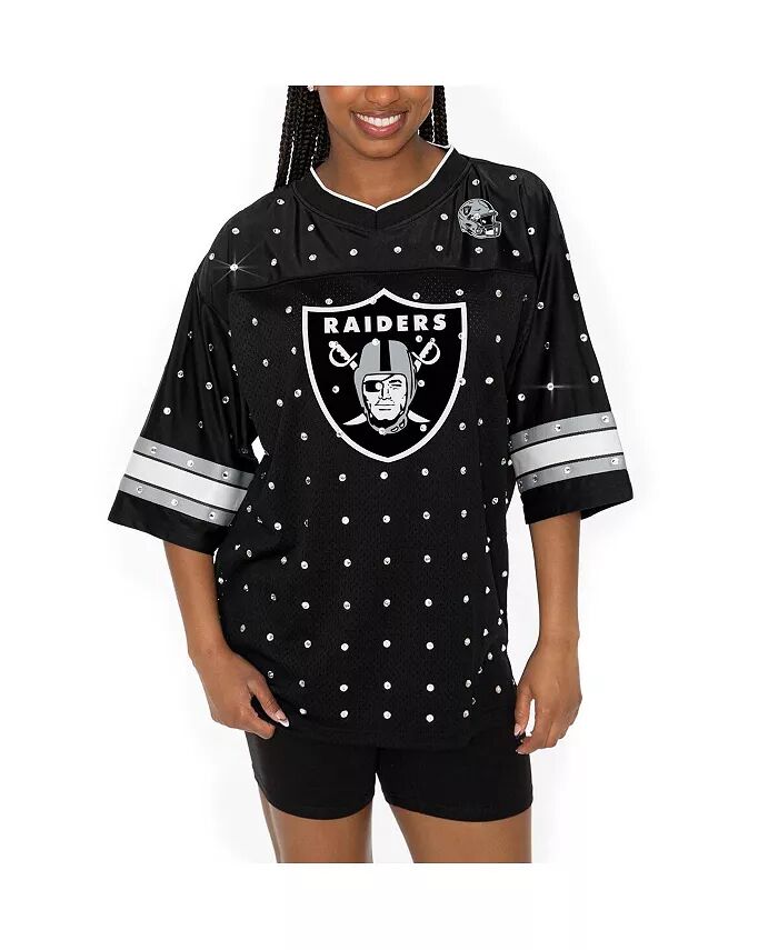 

Женская черная футболка Las Vegas Raiders Kickoff Time Allover Rhinestone Sports Striped Jersey с V-образным вырезом Gameday Couture