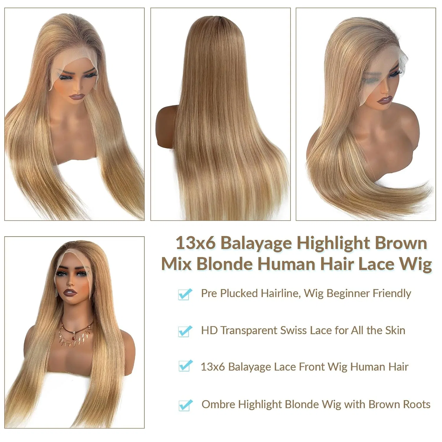 Женский парик из натуральных волос с эффектом балаяж, 13x6 HD Lace Front, 180% плотность Licoville, No. 4T12/613 — фото 3
