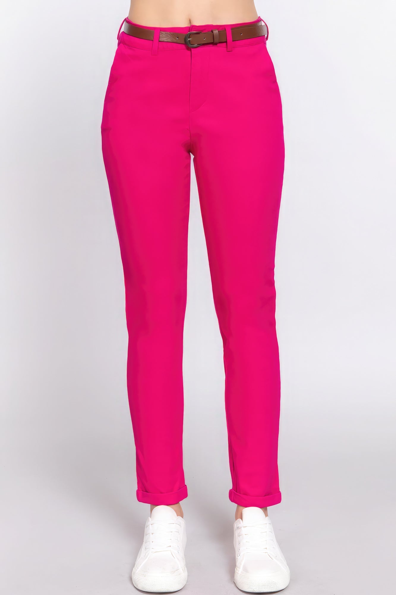

FASHNZFAB Хлопчатобумажные твиловые длинные брюки с поясом, цвет magenta