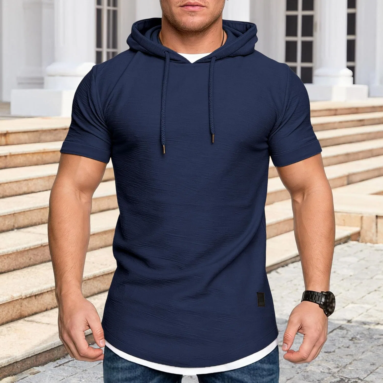 Мужская худи с коротким рукавом, легкая, дышащая, 100% полиэстер, Navy Blue — фото 3