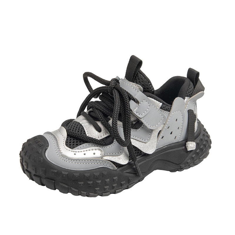 

Скользоустойчивые противоударные амортизирующие износостойкие дышащие повседневные детские кроссовки Kids' Wooden houses, серебряный/черный