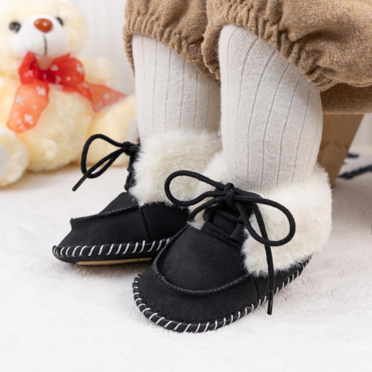 HsdsBebe Детские ботиночки на щиколотку для мальчиков и девочек, флисовые пинетки с противоскользящей резиновой подошвой, кроссовки для малышей, обувь для новорожденных для ходьбы и сна, C3421/Black — фото 2