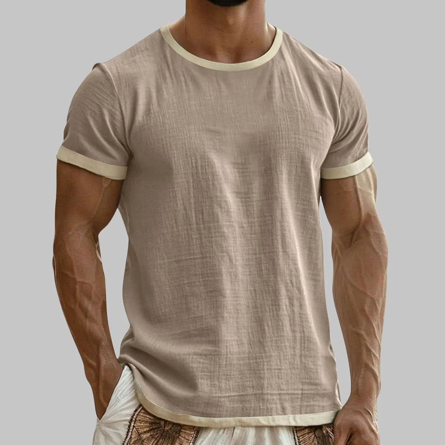Футболка с контрастной отделкой, Cotton Linen, Khaki — фото 2