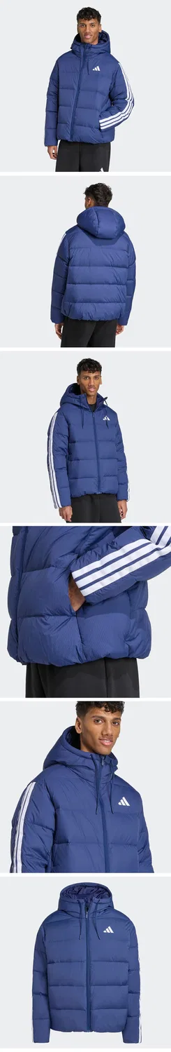 Мужская тёмно-синяя пуховая куртка с капюшоном Essential Climawarm 3-Stripes Puffer от Adidas — фото 4
