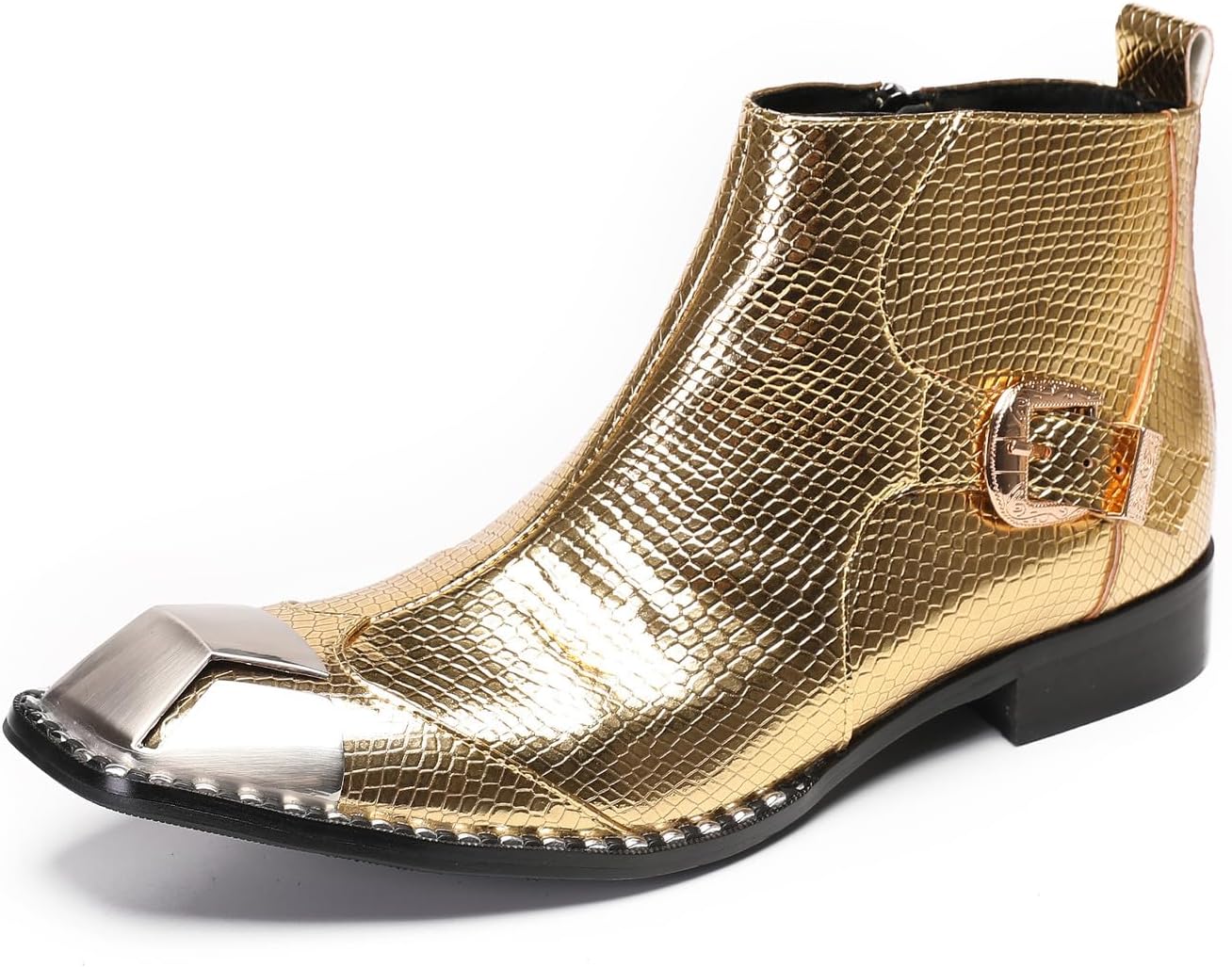 

Мужские ковбойские сапоги Santimon для диско-вечеринок, повседневные кожаные с металлическим квадратным носком, молнией, пряжкой, челси, модные ботинки на щиколотку в западном стиле для мальчиков, золотой