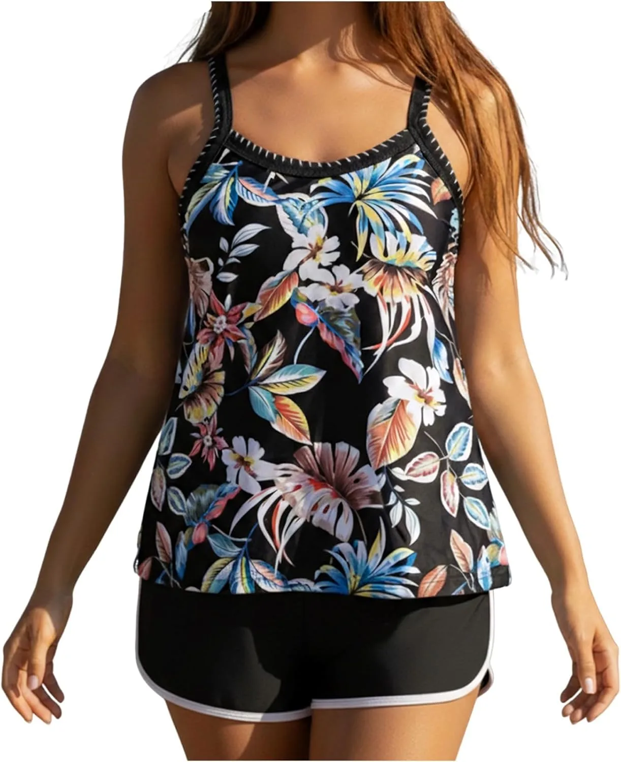 Женский купальник-танкини Plus Size 2 Piece с шортами-бойфрендами, цветочный принт, спортивный топ-блузон для пляжного отдыха Generic, черный