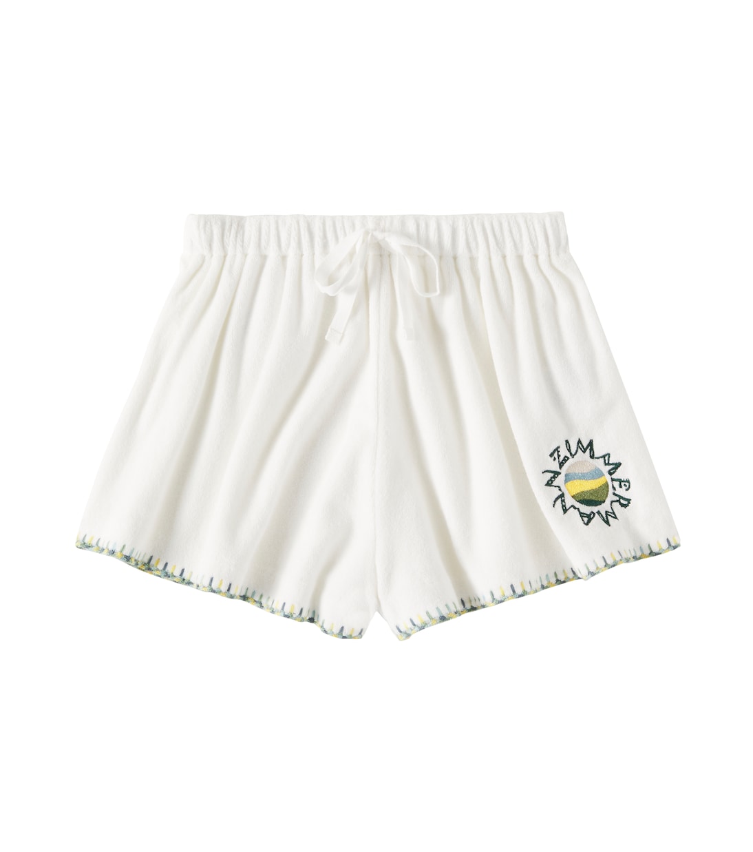 

Махровые шорты из смесовой хлопковой ткани с жирным блеском Zimmermann Kids, слоновая кость