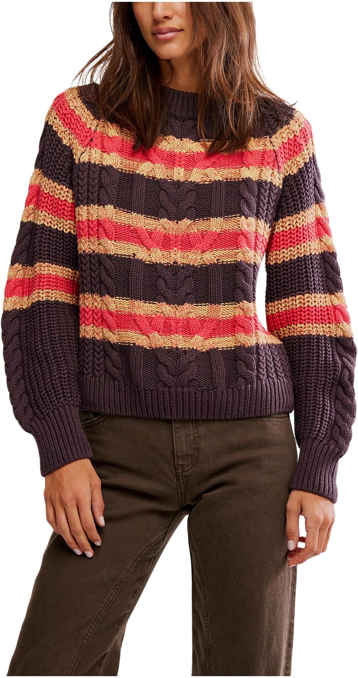 

Пуловер Free People Frankie Cable Striped Pullover, цвет Chocolate Combo