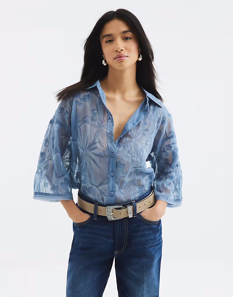 

Рубашка River Island Petite с цветочной вышивкой синего цвета