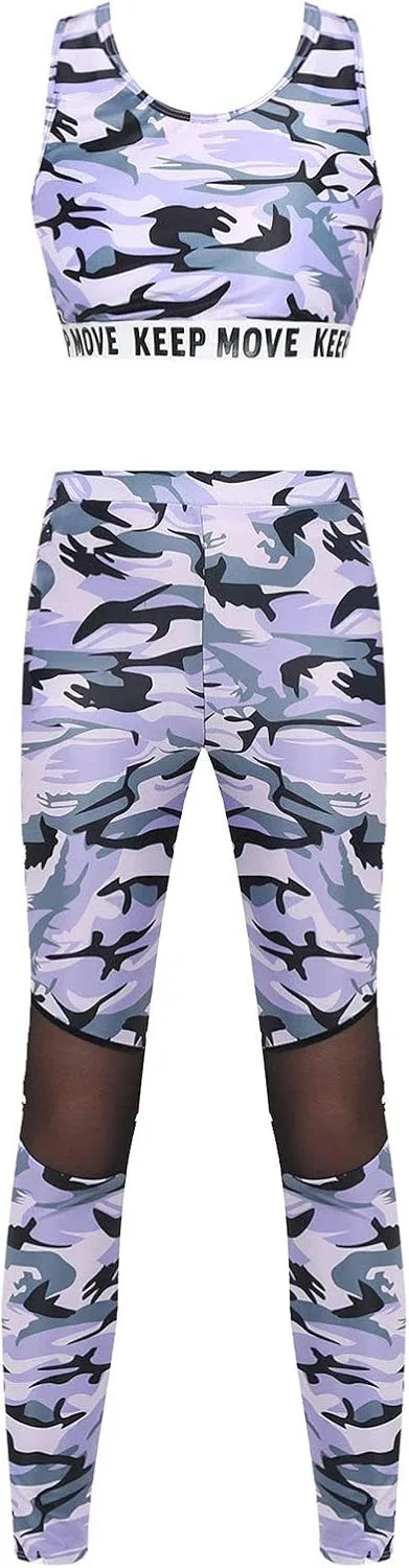 Спортивный костюм для девочек Camouflage Purple Moggemol, топ с лямками и леггинсы с сеткой