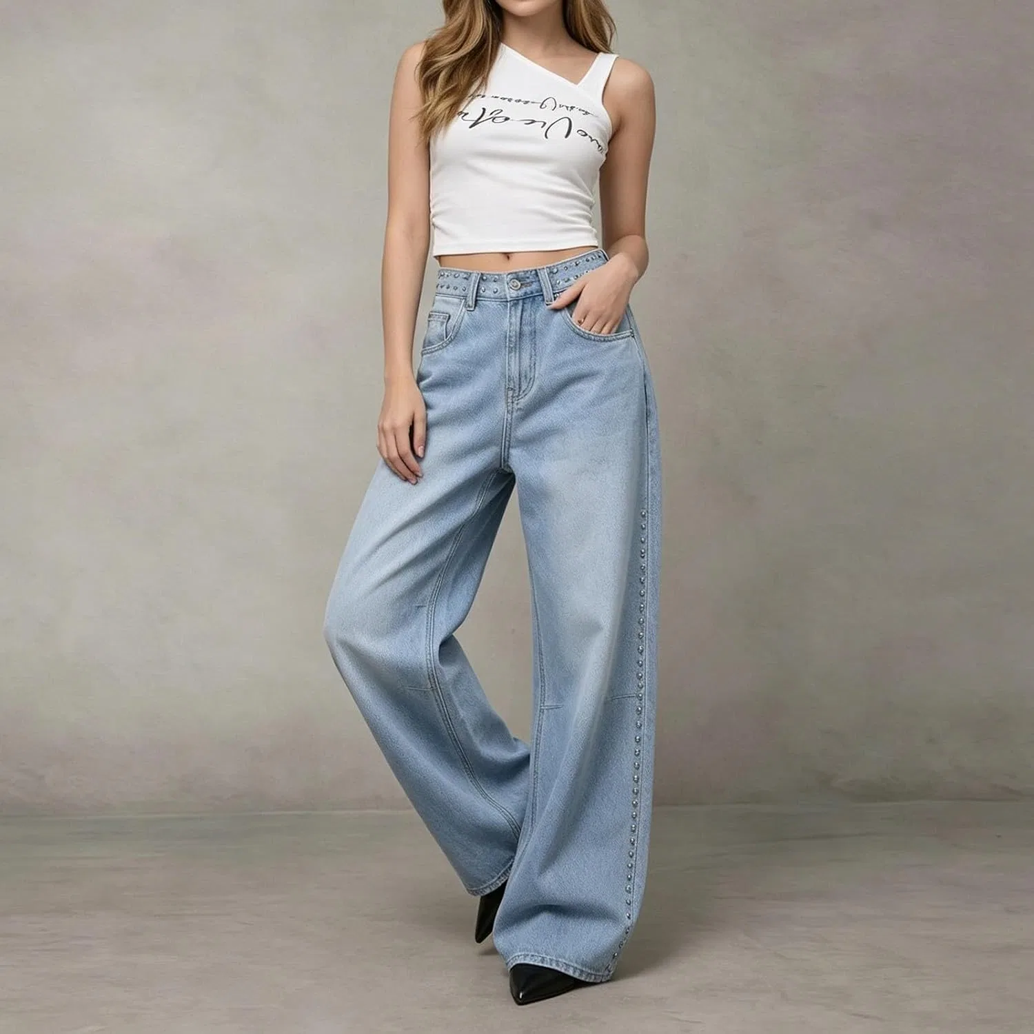 Активные брюки Women's Vintage Washed Jeans High Waist Studded Embellished Casual Trousers Loose Trendy Denim Pants with Pockets, Light Blue — фото 3