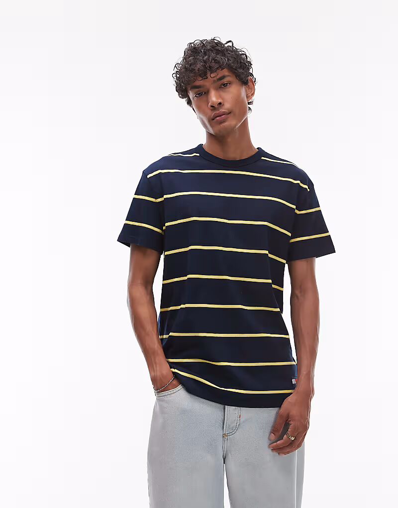 

Футболка с фактурной полоской темно-синего и желтого цветов Tommy Jeans, Синий, Футболка с фактурной полоской темно-синего и желтого цветов Tommy Jeans