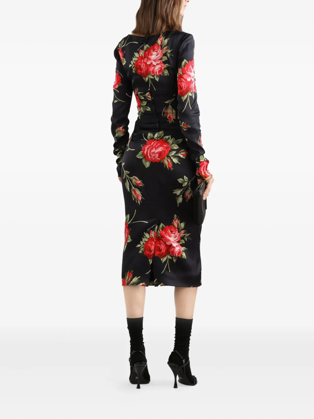 Платье миди с цветочным принтом и длинными рукавами DOLCE & GABBANA, черный — фото 3