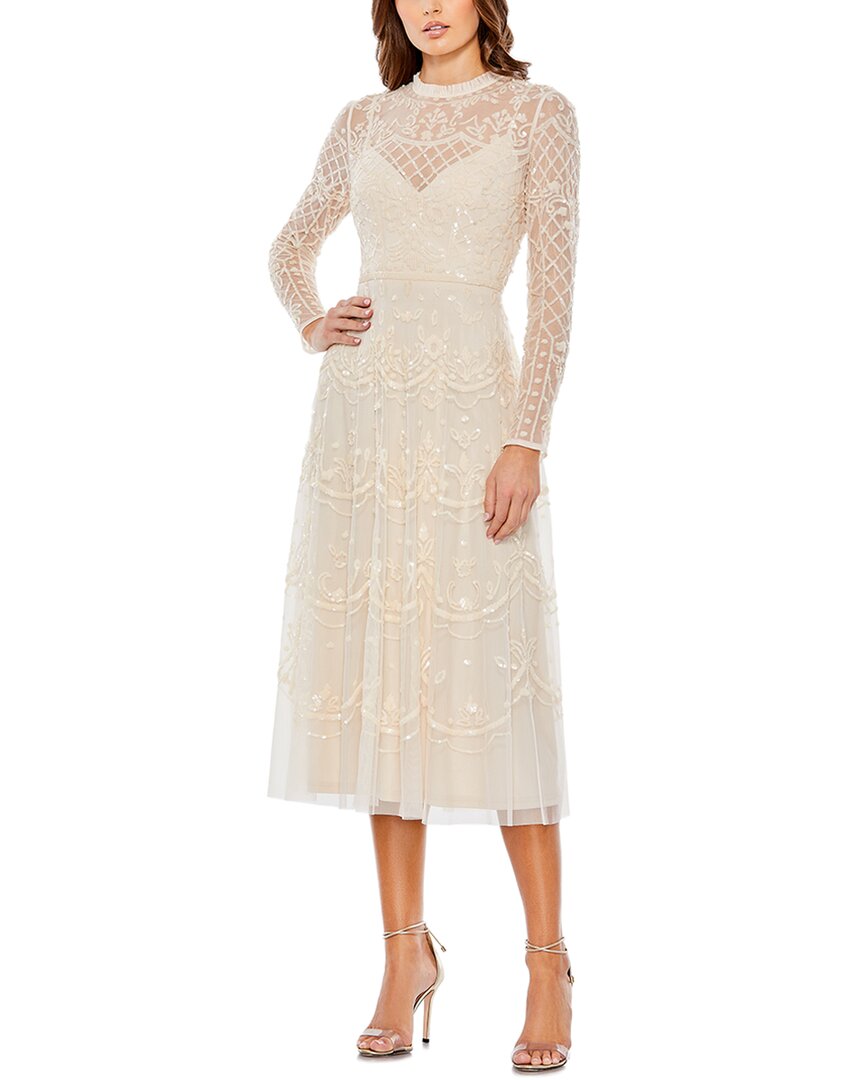 

Mac Duggal Секвинированное платье-миди с иллюзией и длинными рукавами, Nude