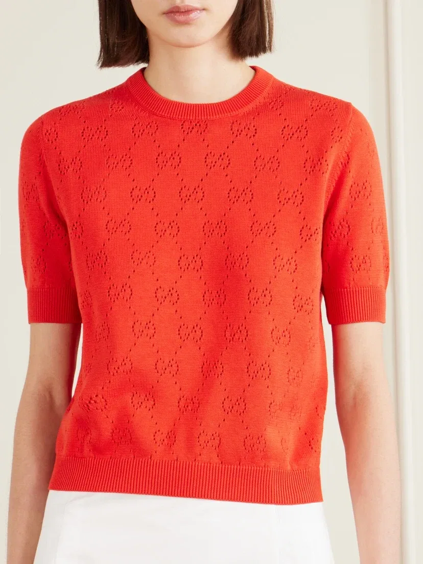 Свитер из перфорированного шелка и хлопка GUCCI, красный — фото 3