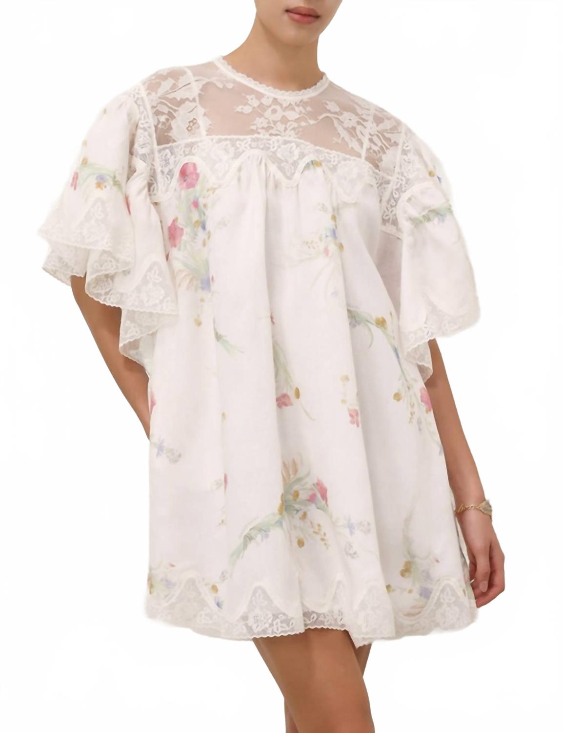 

Счастливое платье мини с кружевной отделкой в кремовом букете цветочном Zimmermann