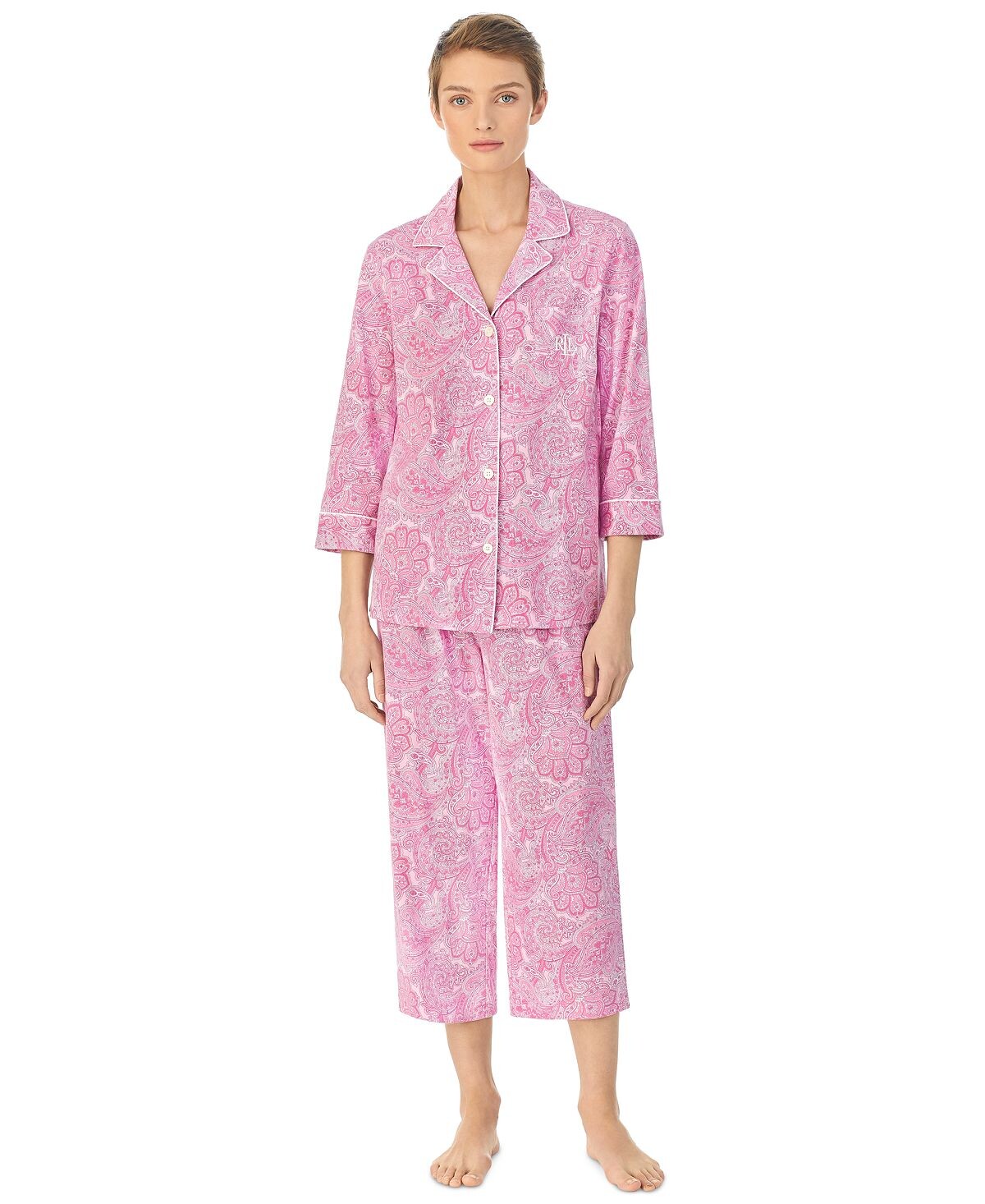 

Женский хлопковый пижамный комплект с рукавами 3/4 и воротником-капри Lauren Ralph Lauren