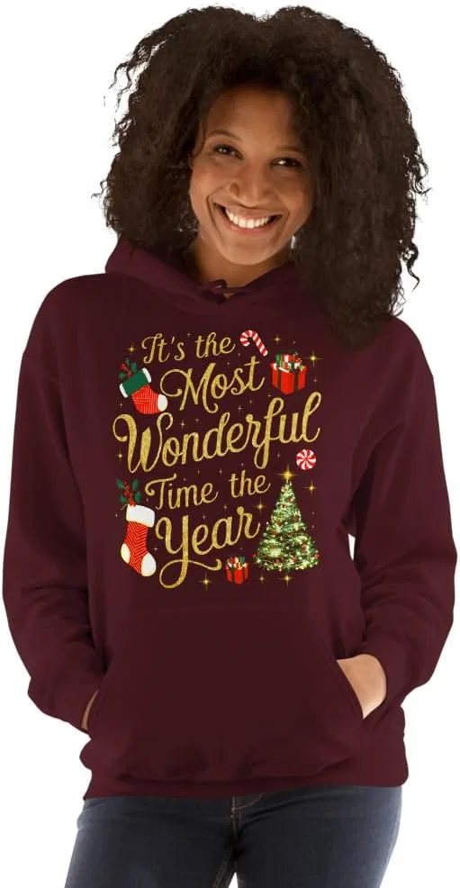 Толстовка с капюшоном унисекс "Christmas Trees It's the Most Wonderful Time of the Year" Generic, бордовый