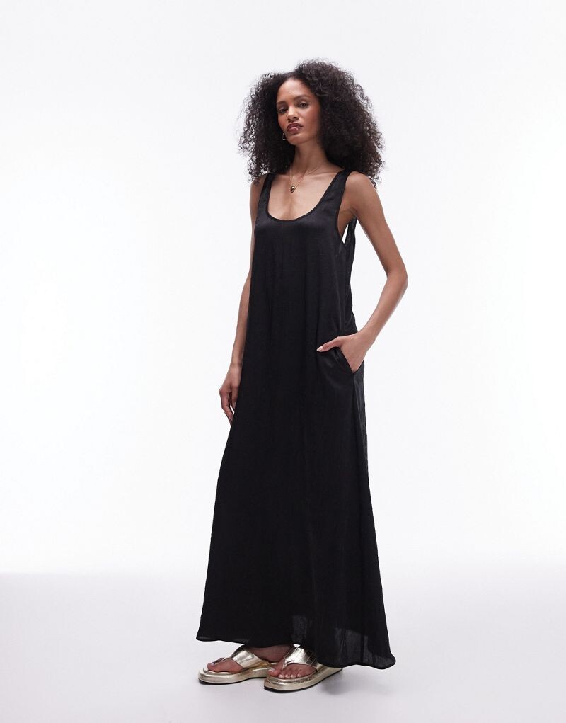 

Черное платье макси кроя-лодочки Topshop с рюшами