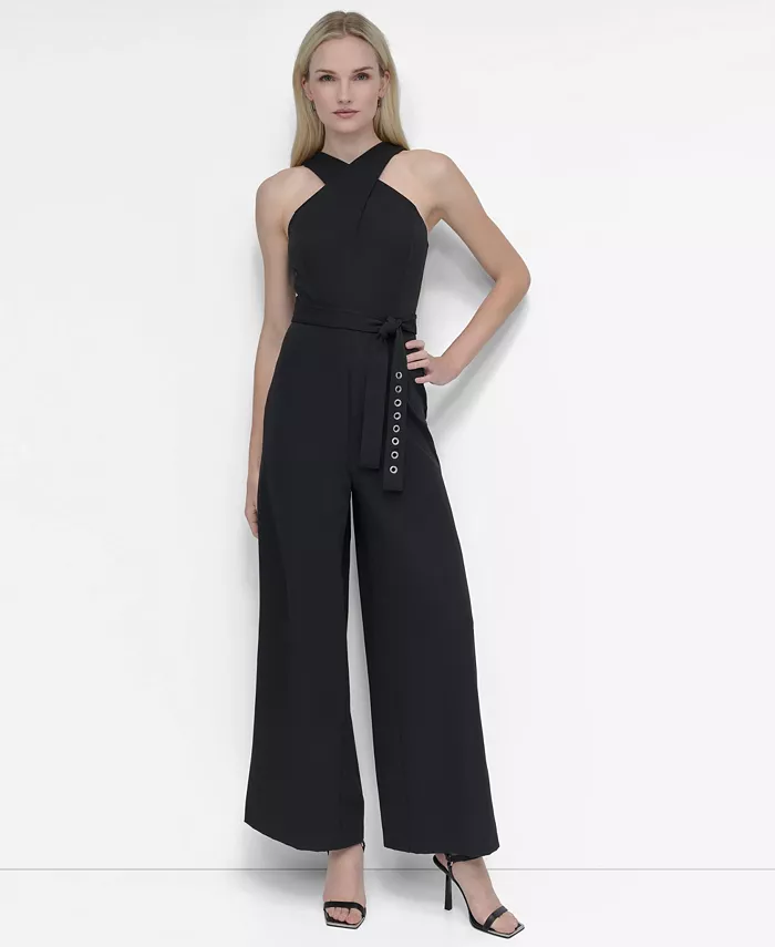 

Женский комбинезон с запахом на шее, поясом и широкими штанинами Crisscross Halter Belted Wide-Leg Jumpsuit DKNY, черный