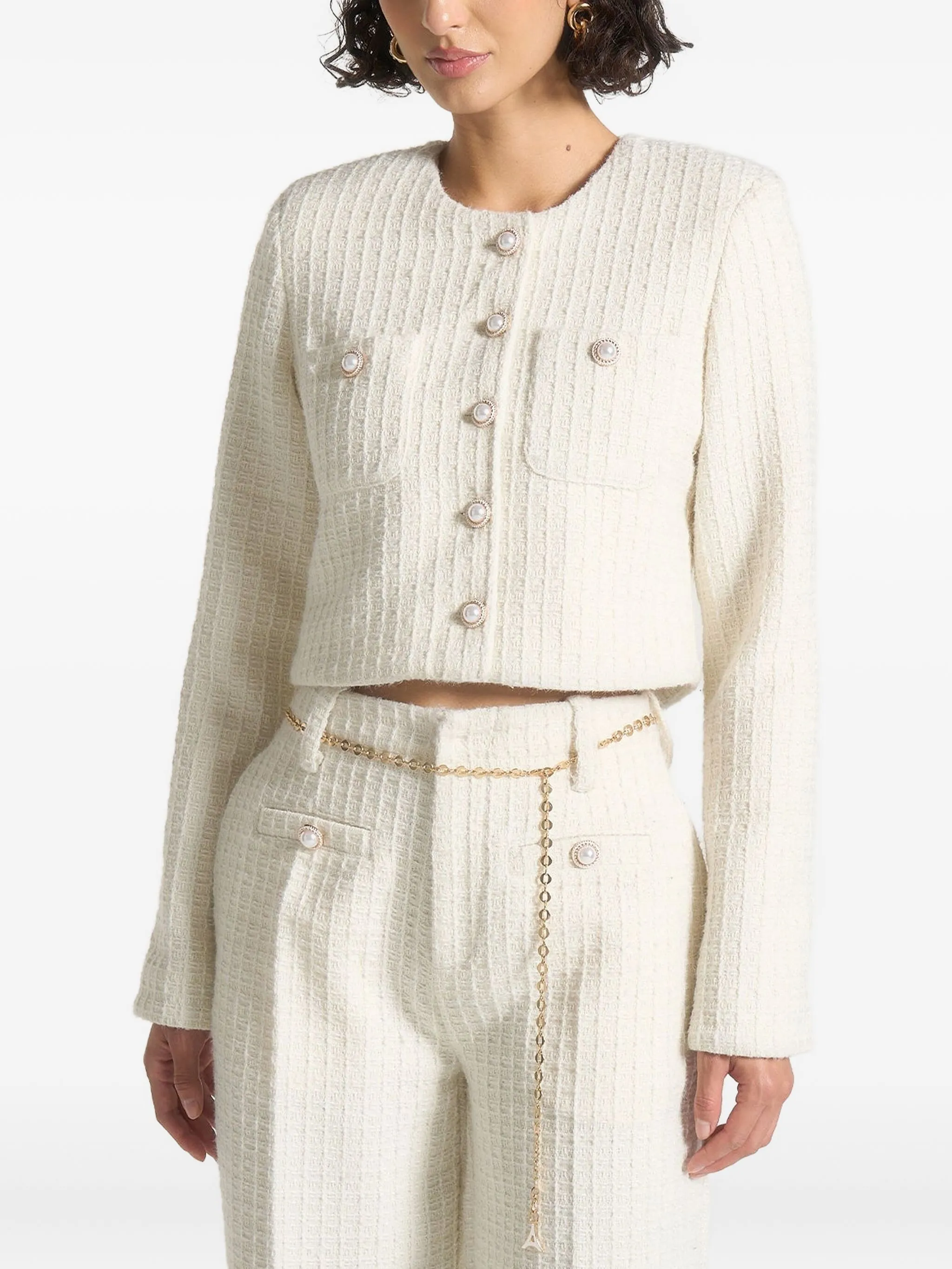 

Укороченный твидовый жакет Celine с искусственным жемчугом Manière De Voir, кремовый