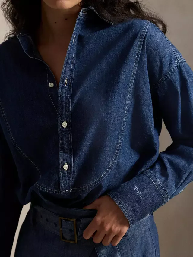 Рубашка-смокинг Polo из джинсовой ткани, синяя Ralph Lauren — фото 3