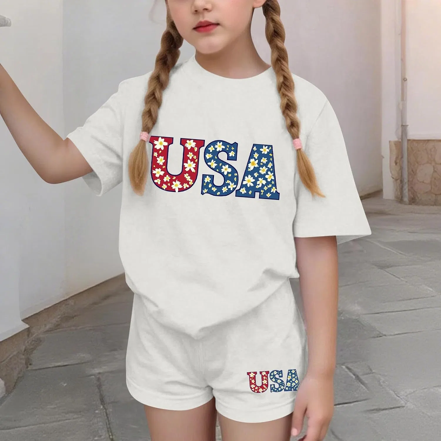 Zzalalana Комплект из двух предметов для девочек ко Дню независимости США: футболка с коротким рукавом и шорты с графическим принтом США (4 июля), детский спортивный костюм для детей от 3 до 15 лет, белый — фото 2