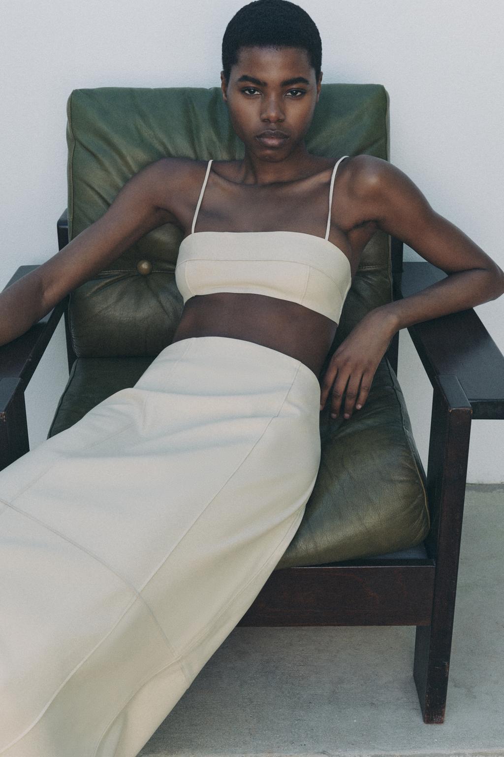 

Юбка миди из 100% кожи ZARA, устрично-белый