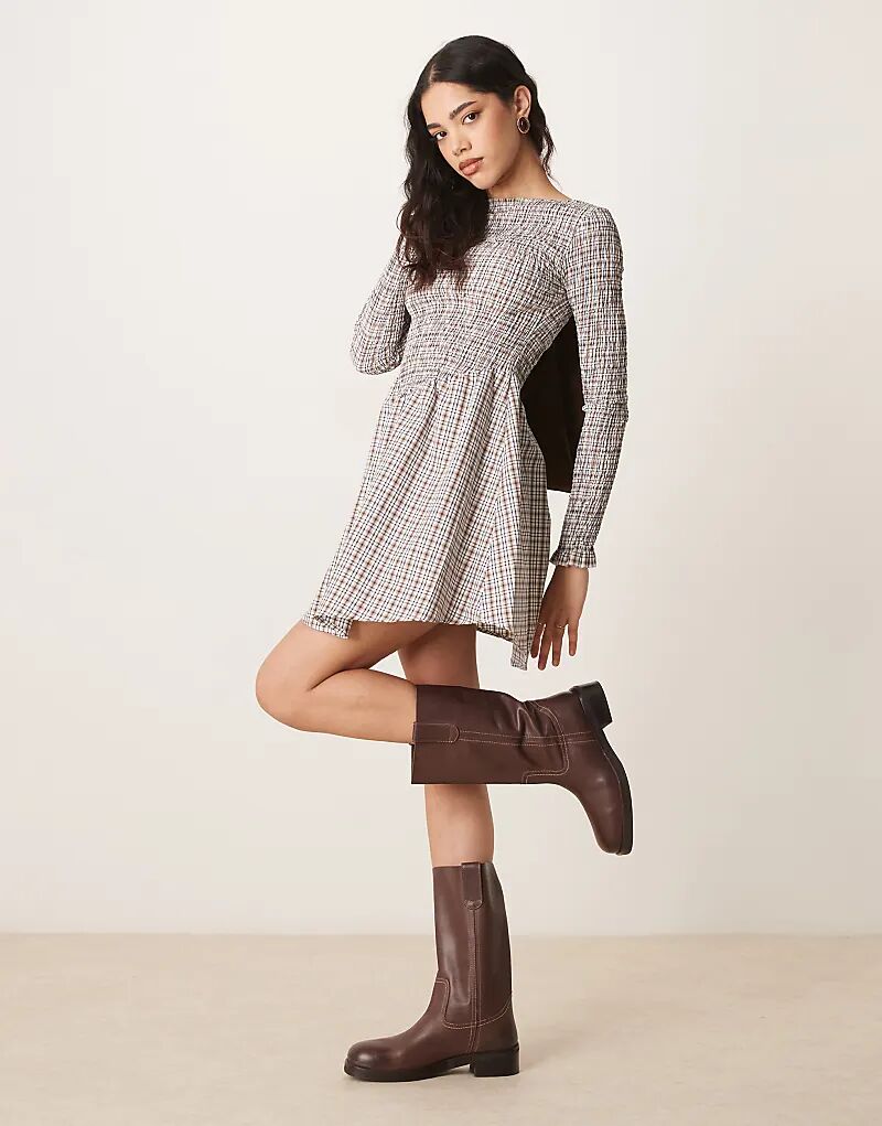 

Мини-платье ASOS DESIGN с корсетом и сборками в коричневую клетку