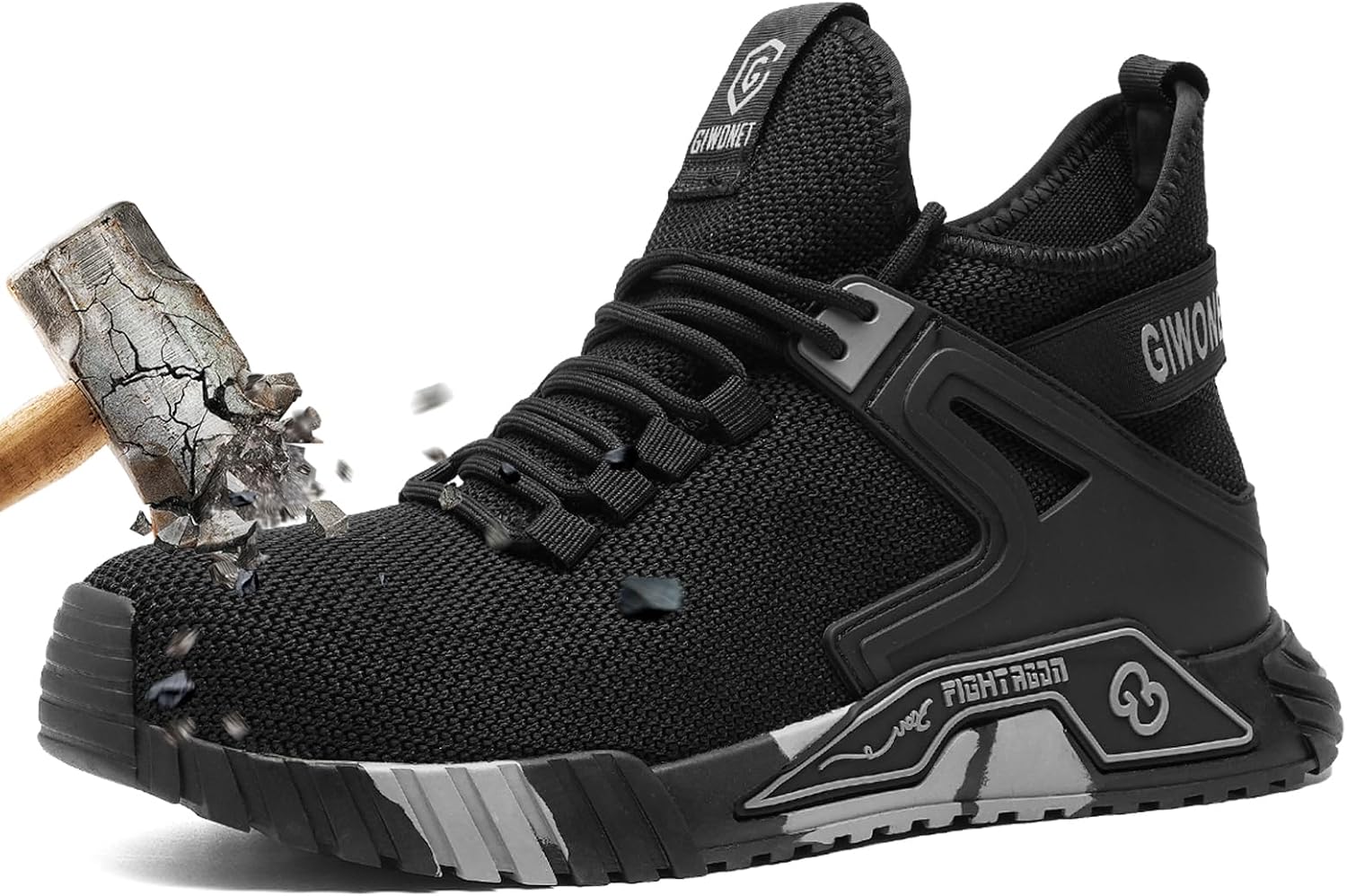 

Ботинки GIWONET с стальным носком для мужчин и женщин, дышащие, легкие, стойкие к скольжению, высокие, с защитным носком из композитного материала, прочные строительные ботинки, стальной/черный