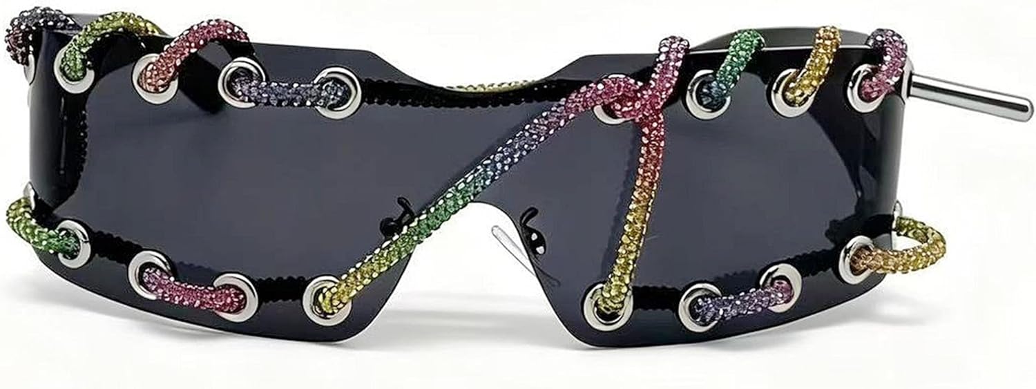 

bullabulling Винтажные прямоугольные солнцезащитные очки с обертывающим креплением и стразами, модные цельные солнцезащитные очки для женщин и мужчин с заклепками, Black/Color