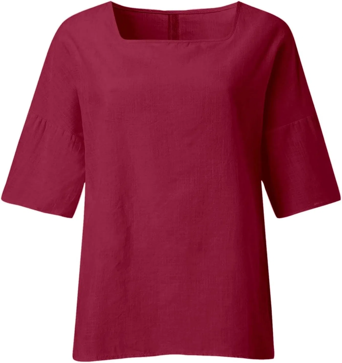 Футболка из хлопка и льна, свободная, Casual, бордовый — фото 4