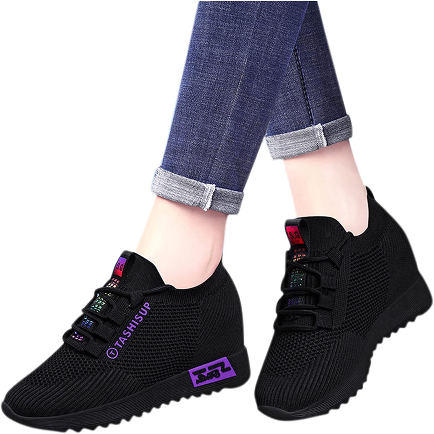 

Женские кроссовки Hbeylia на скрытой платформе с дышащей легкой сеткой, высокий верх, без шнурков, спортивные для ходьбы, модные туфли на высоком каблуке, кроссовки-лоферы для женщин, фиолетовый