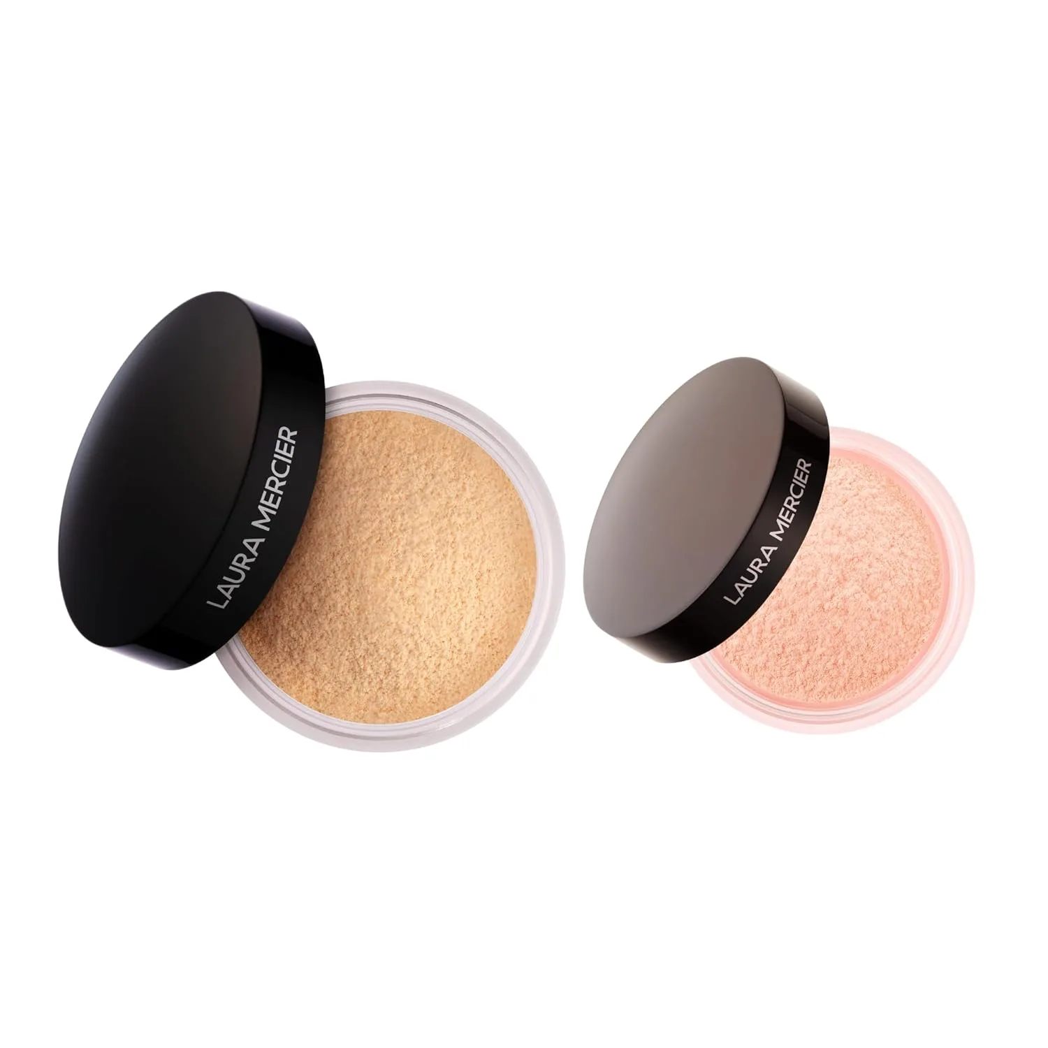 Рассыпчатая прозрачная фиксирующая пудра Laura Mercier в оттенке Translucent Honey и корректирующая осветляющая пудра для области под глазами Secret в оттенке Peach.