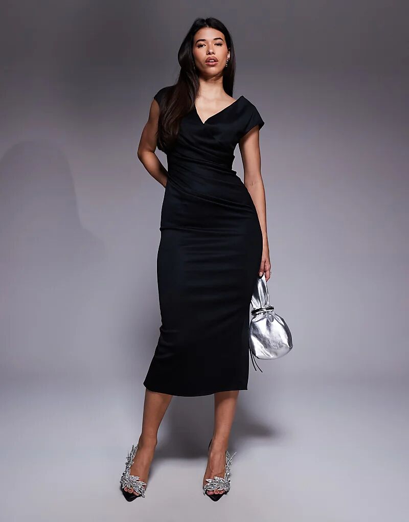 

Платье миди ASOS DESIGN структурированного кроя с короткими рукавами и драпированным крестообразным передом черного цвета