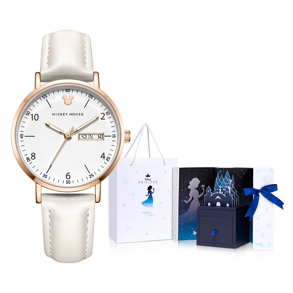 

Disney Часы Mickey Quartz Movement Leather Strap Watch Women's Watch White Dial, MK-11319W[Festival Box]