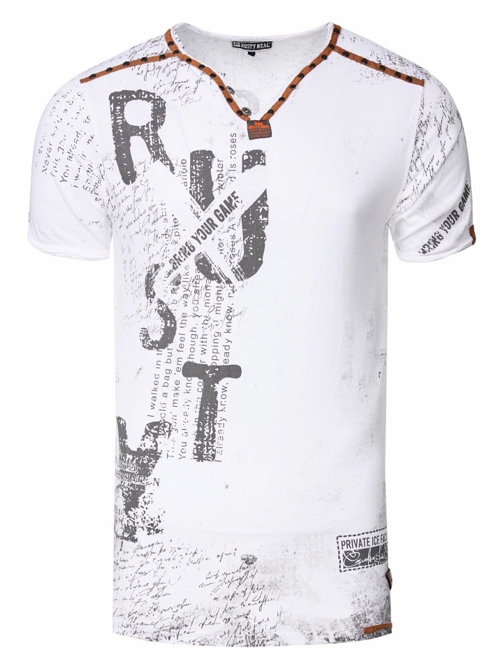 

Футболка с V-образным вырезом, замшевыми деталями и заклепками в белом цвете Rusty Neal