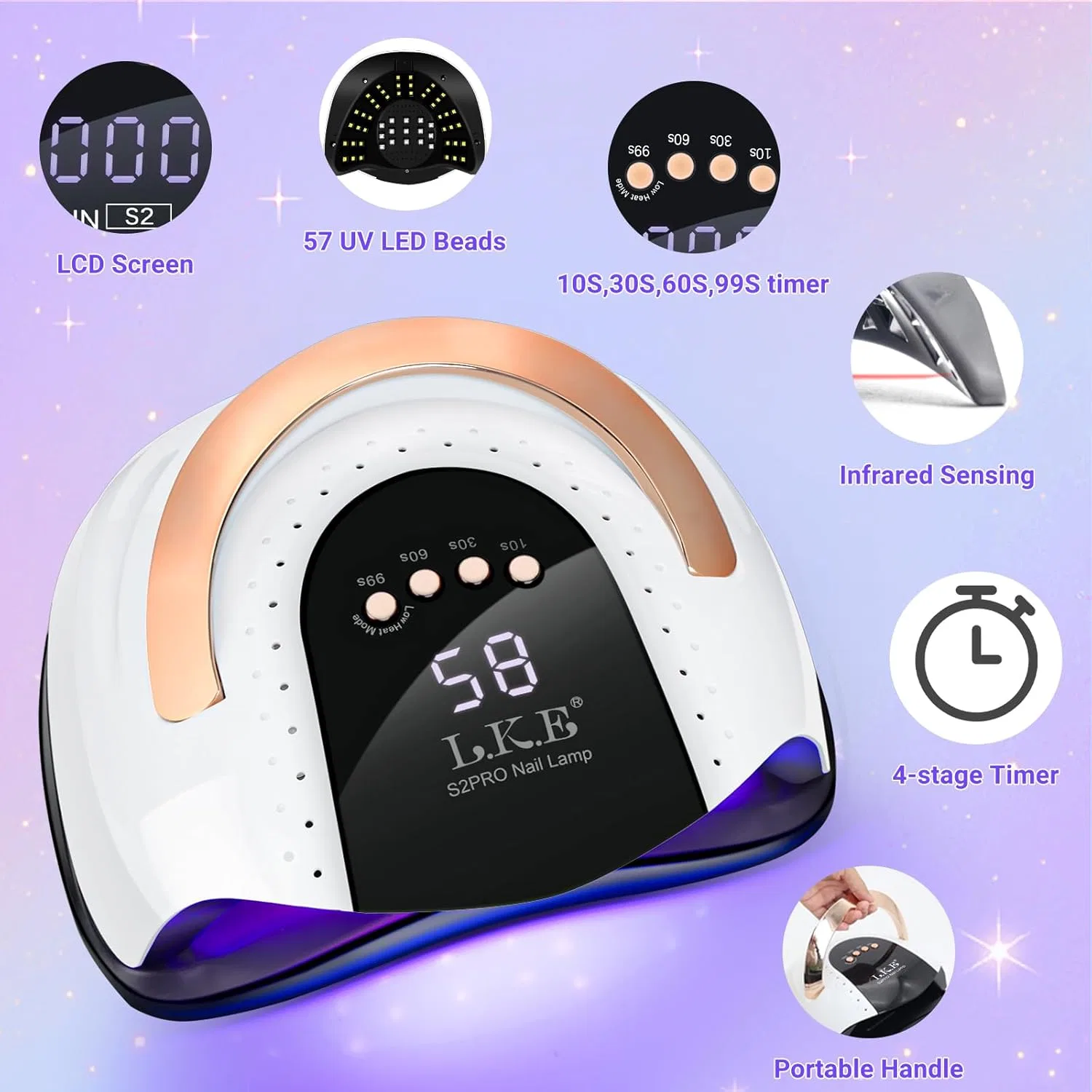 UV LED лампа для гель-лака 268 Вт с 57 светодиодами Lke, White — фото 4