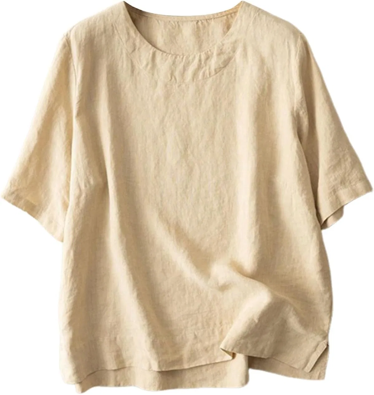 Футболка из хлопка и льна, женская, Oversize, бежевая — фото 4