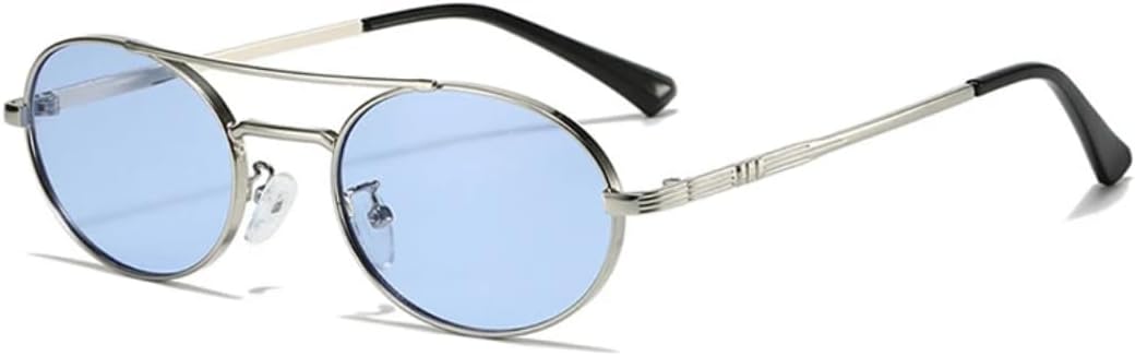 

Винтажные маленькие овальные металлические солнцезащитные очки с двойной перемычкой для женщин, модные сине-зеленые очки с защитой от УФ-излучения UV400, модные для мужчин в стиле панк VRTRFFTR, Silver Blue